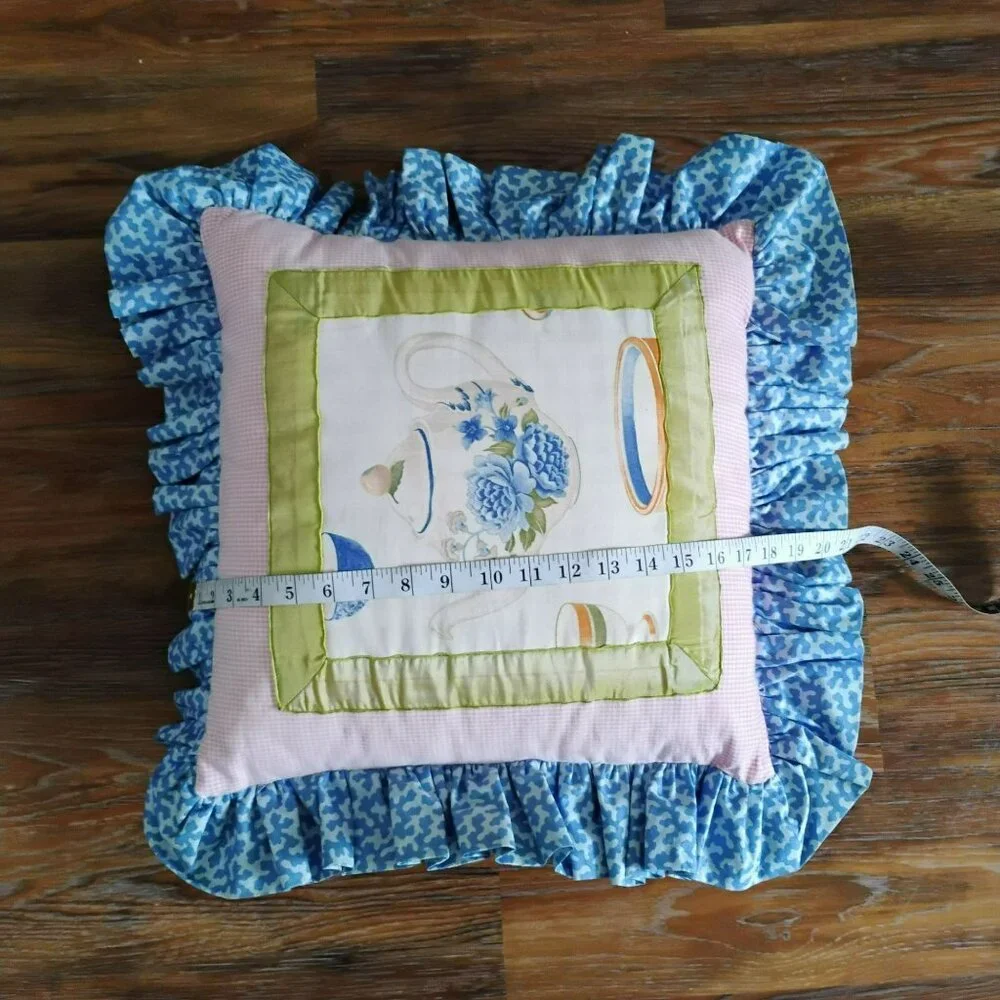 Vintage Handmade Chinoiserie Throw Pillow With Ruffle, Teapot Design, Blue Green